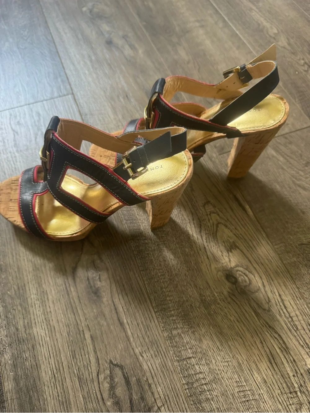 Tommy Hilfiger Black and Red Cork Wedge Sandals with Gold Hardware